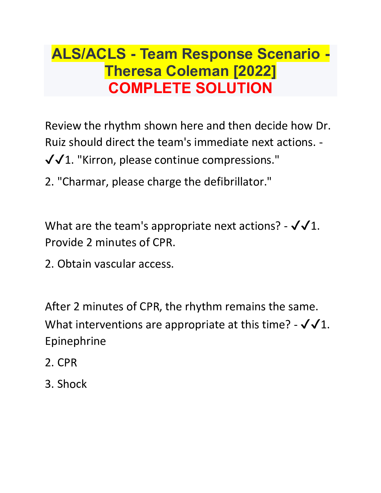 Preview of ALS/ACLS - Team Response Scenario - Theresa Coleman [2022] COMPLETE SOLUTION